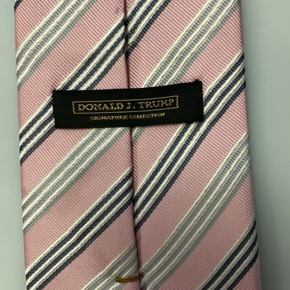 Donald J Trump Pink Gray Navy White Striped Silk Neck Tie - Picture 4 of 7